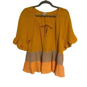 Cato Womens Mustard Yellow Boho Ruffle Hem Top XL Flowy Tie Front Blouse Beach